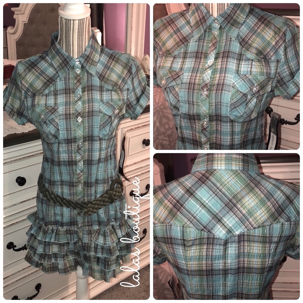 YMI Plaid Ruffle Dress With Belt